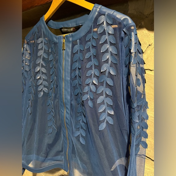 Colleen Lopez Blue Sheer Leaf Pattern Jacket, small - Picture 3 of 6